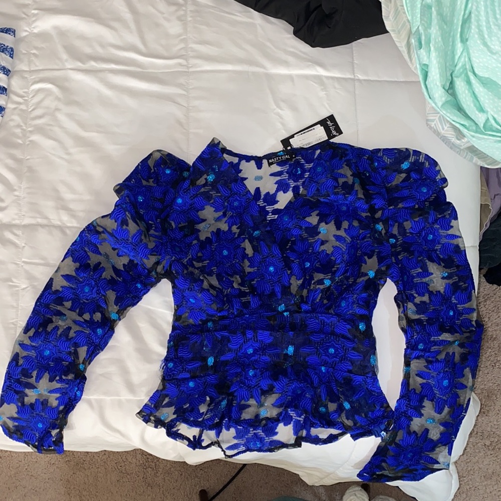 Nasty Gal Organza Floral Appliqué Mesh Wrap Top